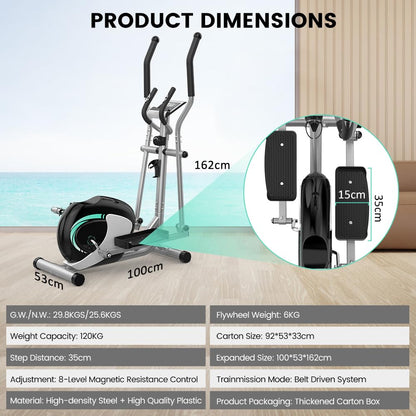 Dripex Crosstrainer für Zuhause, 8 Widerstandsstufen, 6 kg Schwungrad, leise & kompakt, mit Pulssensor, LCD-Monitor, Gerätehalter & Transportrollen.