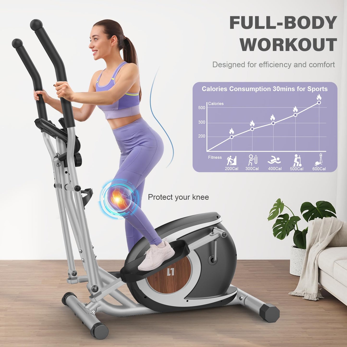 Magnetischer Crosstrainer mit 16 Widerstandsstufen, ultraleiser Ellipsentrainer für Zuhause, LCD-Monitor, Flaschenhalter, 120KG Belastbarkeit (Silber)