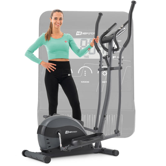 Hop-Sport Crosstrainer Focus, kompakter Ellipsentrainer mit Pulssensoren & Tablethalterung, max. 120 kg, Schwarz-Grau.
