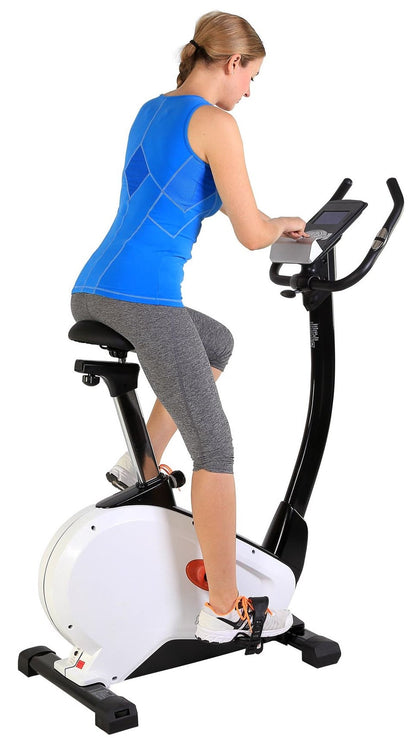 SportPlus Heimtrainer SP-HT-9800-iE mit App-Steuerung, 10 kg Schwungmasse, 24 Stufen, Pulssensoren, bis 130 kg, Weiß.