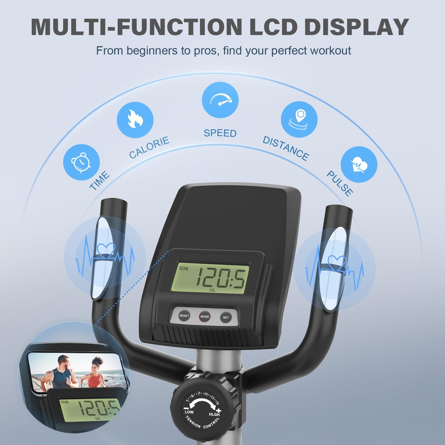 Magnetischer Crosstrainer mit 16 Widerstandsstufen, ultraleiser Ellipsentrainer für Zuhause, LCD-Monitor, Flaschenhalter, 120KG Belastbarkeit (Silber)