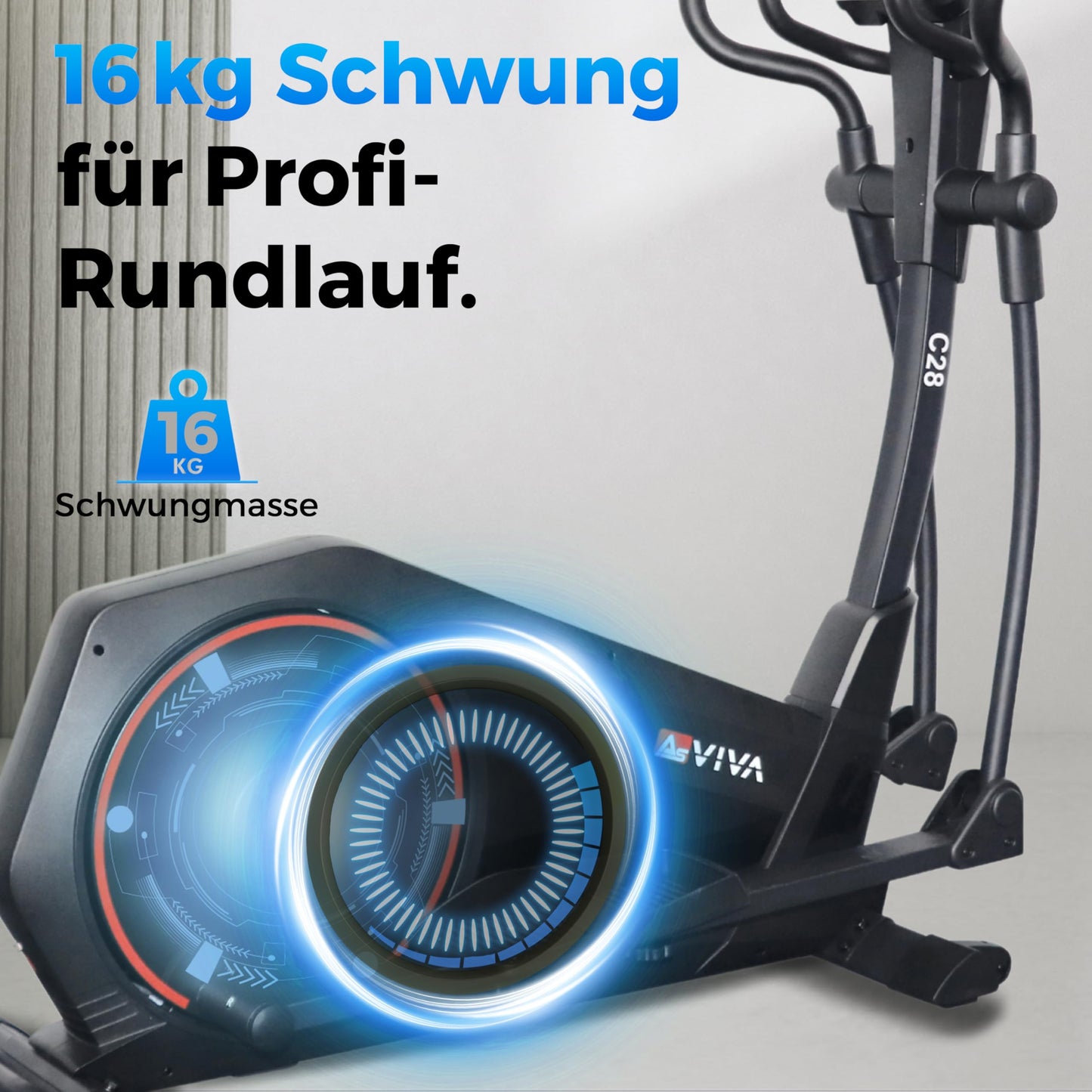 AsVIVA Crosstrainer C28 Pro mit WLAN, Pulsgurt-Empfänger, Fitnesscomputer, 16 kg Schwungmasse, leiser Antrieb & elektrische Widerstandseinstellung.