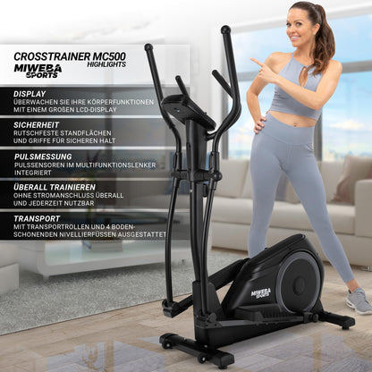 Miweba Sports MC500 Crosstrainer mit LCD, leiser Heimtrainer für Zuhause, 7 kg Schwungmasse, bis 120 kg, Ergometer Stepper, Schwarz