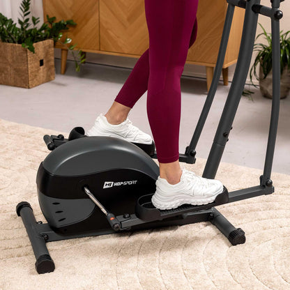 Hop-Sport Crosstrainer Focus, kompakter Ellipsentrainer mit Pulssensoren & Tablethalterung, max. 120 kg, Schwarz-Grau.