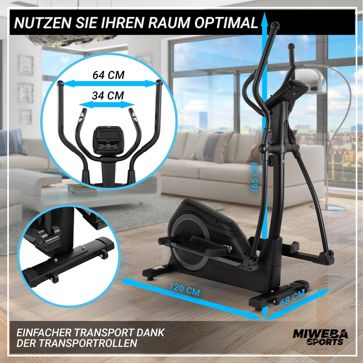 Miweba Sports MC500 Crosstrainer mit LCD, leiser Heimtrainer für Zuhause, 7 kg Schwungmasse, bis 120 kg, Ergometer Stepper, Schwarz