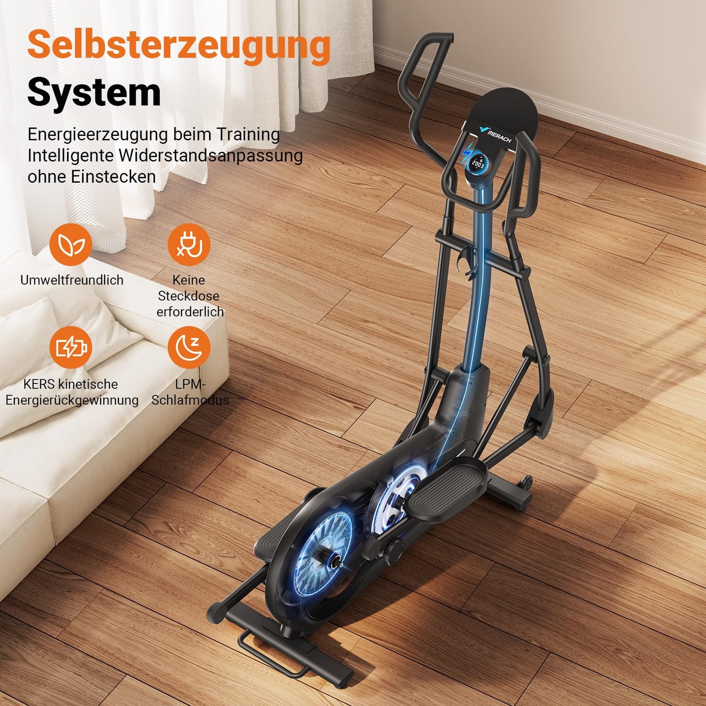 MERACH Crosstrainer, selbstgenerierend & umweltfreundlich – 47 cm Schrittlänge, 16 Magnetwiderstandsstufen, App-kompatibel, bis 160 kg belastbar