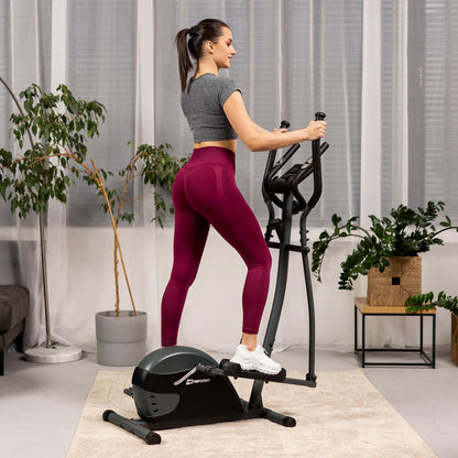 Hop-Sport Crosstrainer Focus, kompakter Ellipsentrainer mit Pulssensoren & Tablethalterung, max. 120 kg, Schwarz-Grau.