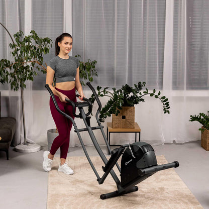 Hop-Sport Crosstrainer Focus, kompakter Ellipsentrainer mit Pulssensoren & Tablethalterung, max. 120 kg, Schwarz-Grau.