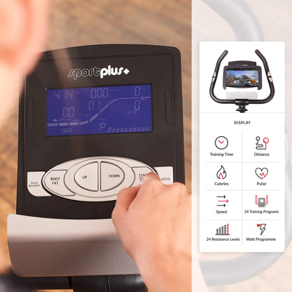 SportPlus Heimtrainer SP-HT-9800-iE mit App-Steuerung, 10 kg Schwungmasse, 24 Stufen, Pulssensoren, bis 130 kg, Weiß.