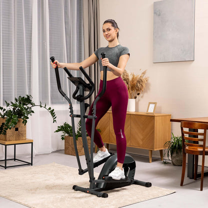 Hop-Sport Crosstrainer Focus, kompakter Ellipsentrainer mit Pulssensoren & Tablethalterung, max. 120 kg, Schwarz-Grau.
