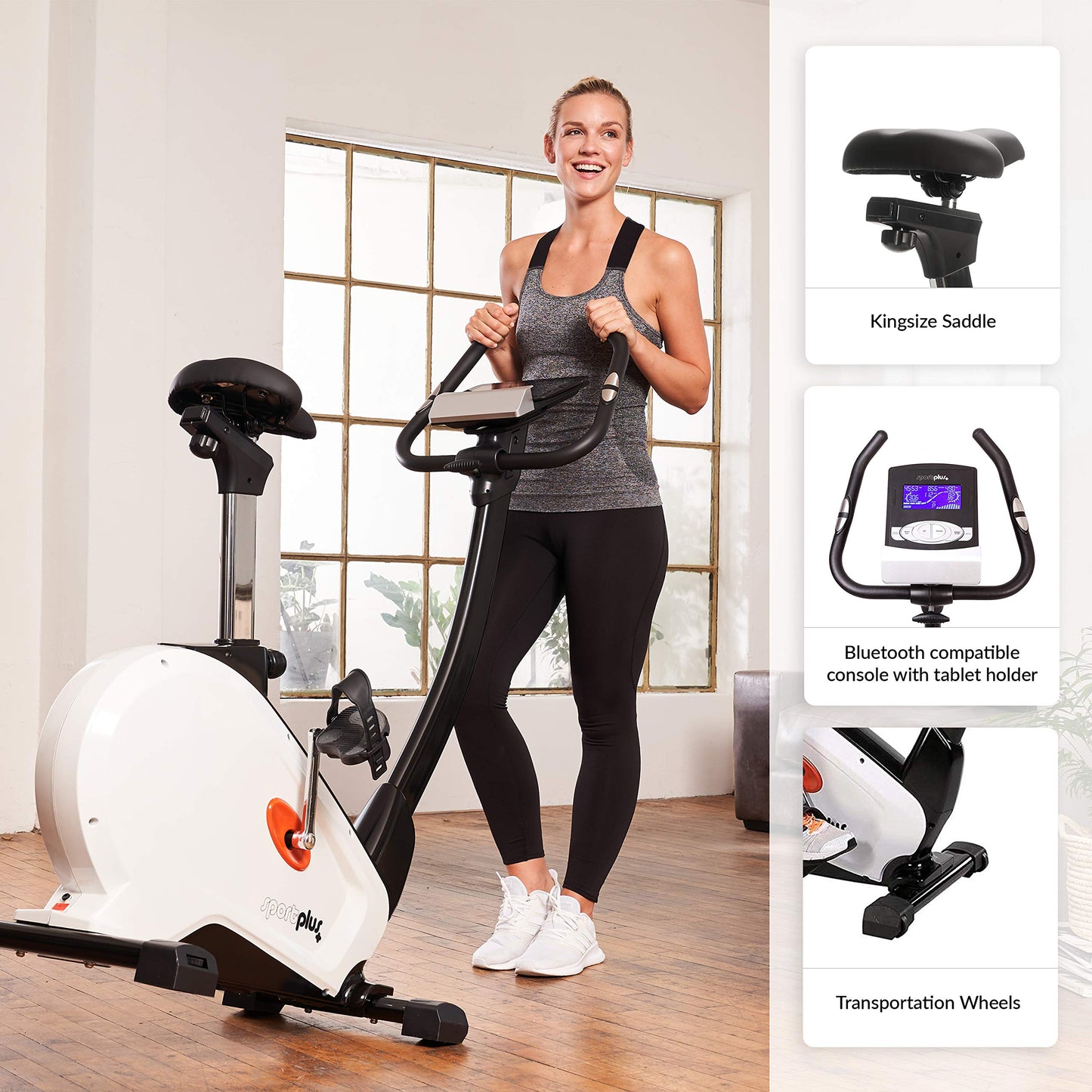 SportPlus Heimtrainer SP-HT-9800-iE mit App-Steuerung, 10 kg Schwungmasse, 24 Stufen, Pulssensoren, bis 130 kg, Weiß.