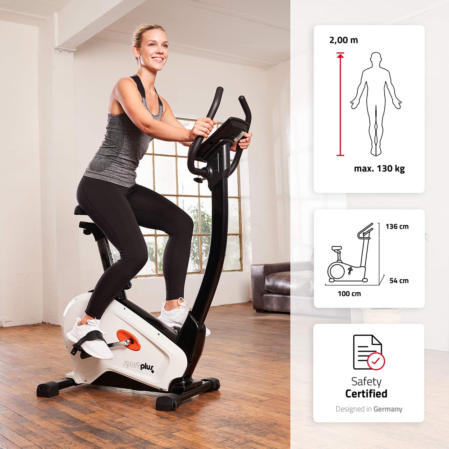 SportPlus Heimtrainer SP-HT-9800-iE mit App-Steuerung, 10 kg Schwungmasse, 24 Stufen, Pulssensoren, bis 130 kg, Weiß.