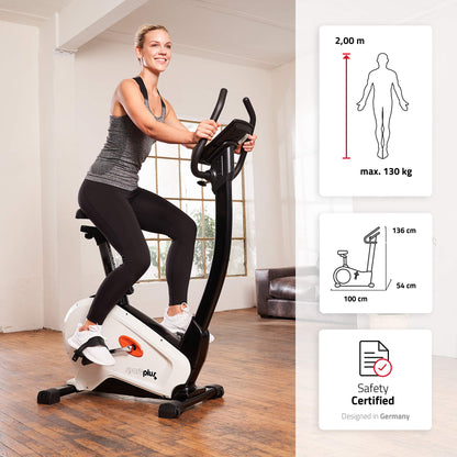 SportPlus Heimtrainer SP-HT-9800-iE mit App-Steuerung, 10 kg Schwungmasse, 24 Stufen, Pulssensoren, bis 130 kg, Weiß.