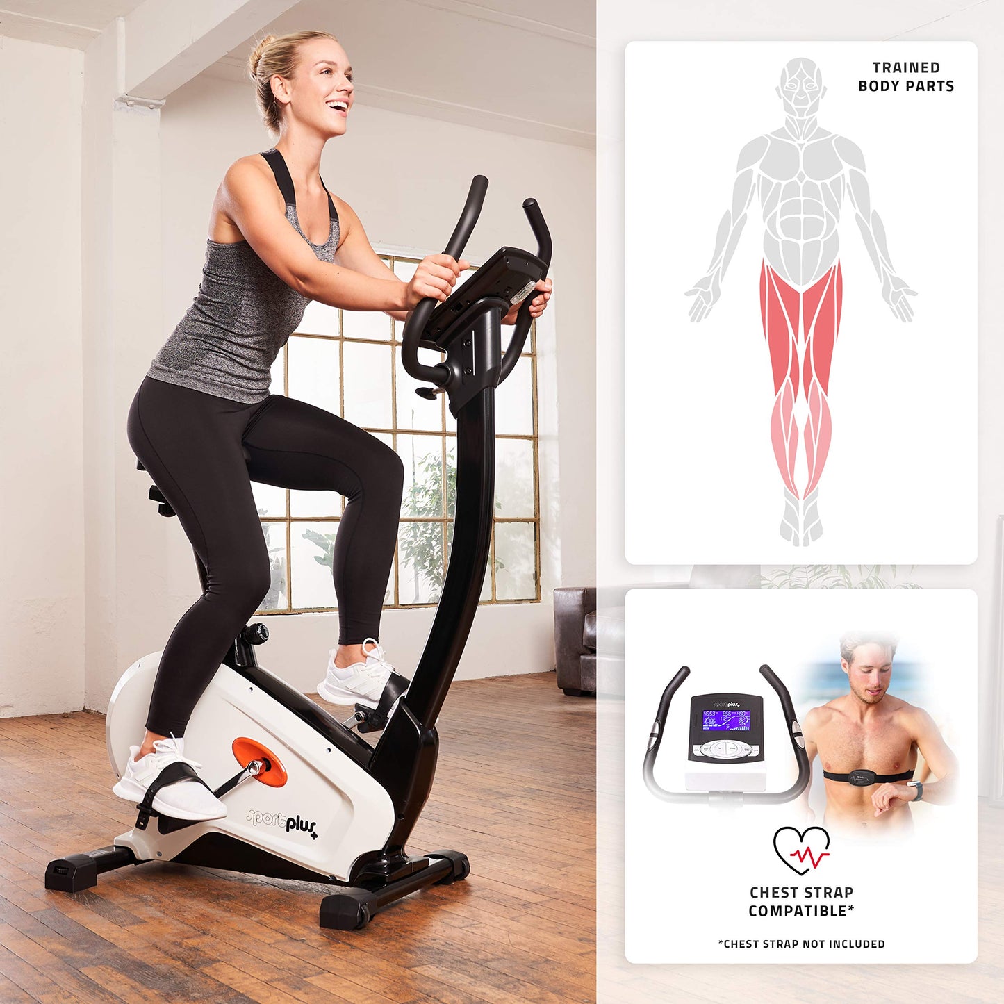 SportPlus Heimtrainer SP-HT-9800-iE mit App-Steuerung, 10 kg Schwungmasse, 24 Stufen, Pulssensoren, bis 130 kg, Weiß.